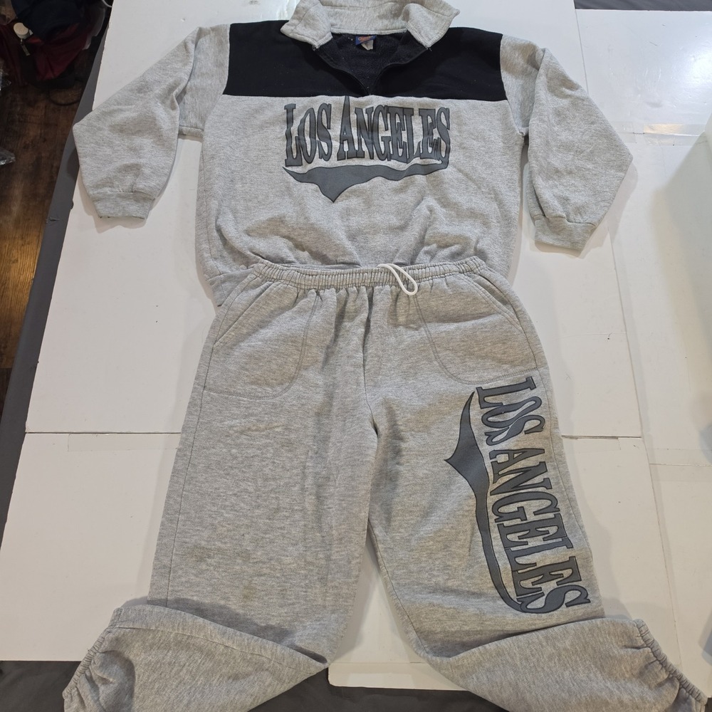 Vintage Hope Sportswear Los Angeles Sweatsuit Set Gray Black Quarter Zip Mens L